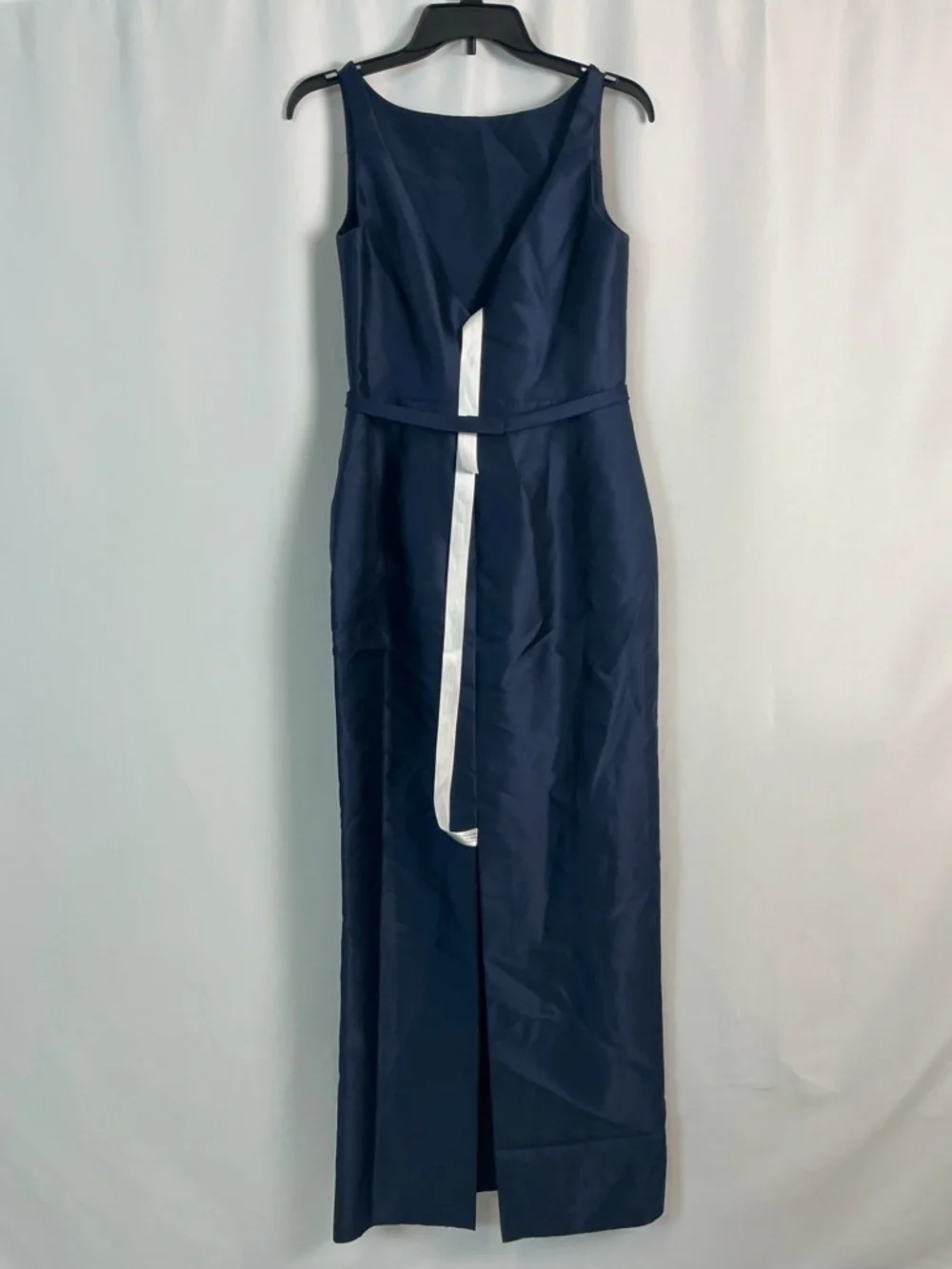 ALFRED SUNG Midnight Navy Satin Bateau Neck Column Gown - Picture 3 of 5